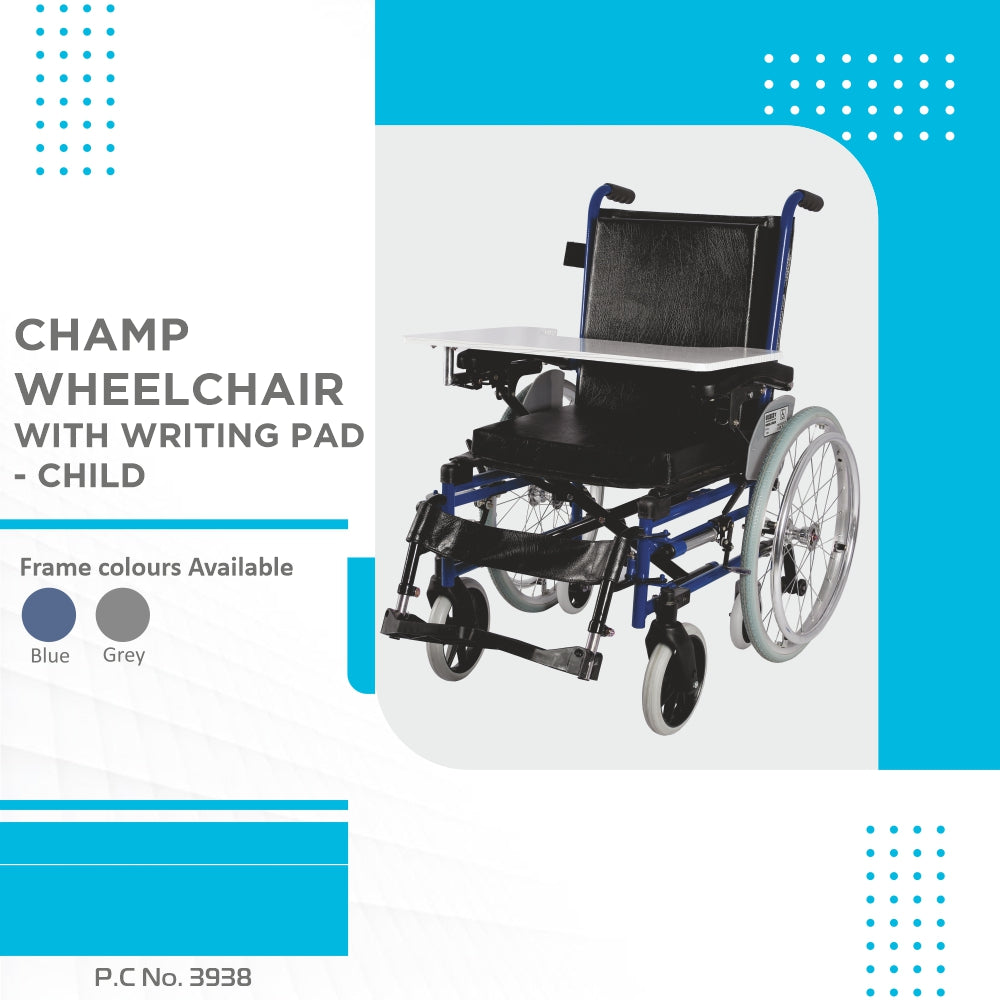 Champ Pediatric Wheelchair with Writing Pad for Children | Foldable | Pneumatic Tires For More Comfort | Weight Bearing Capacity Upto 100kg | Color (Blue/Grey) - Vissco Next