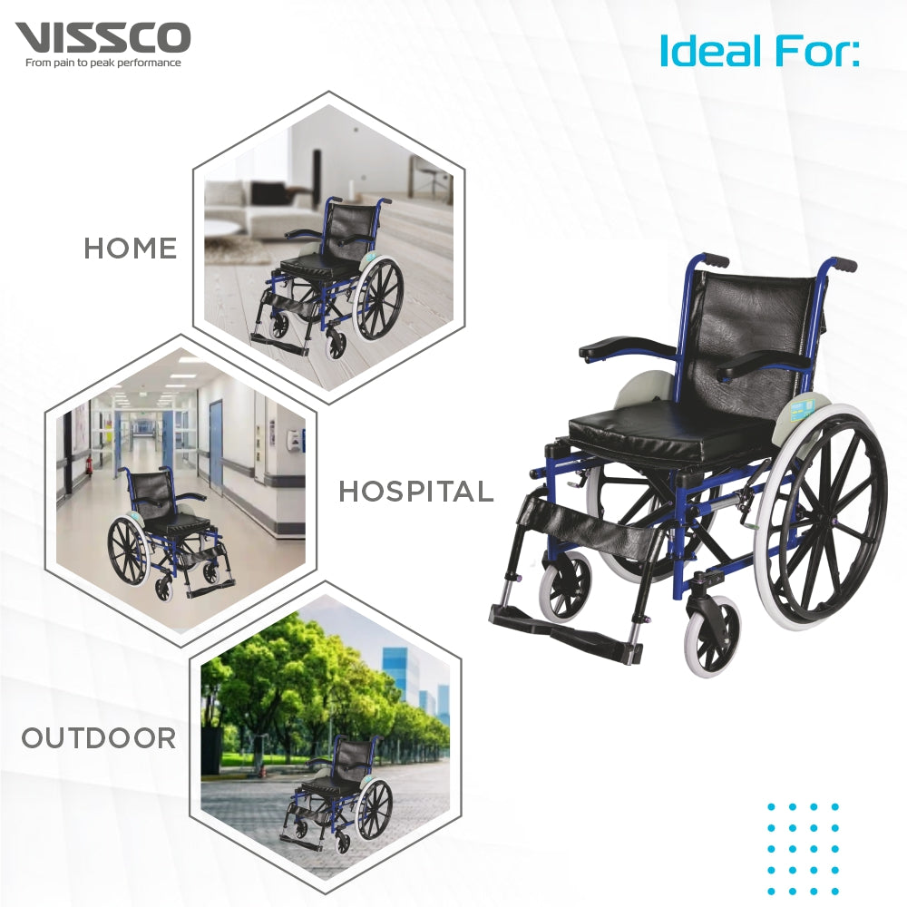 Imperio Wheelchair with Fixed Big Wheels (Mag) | Fixed Armrest | Foldable | Weight Bearing Capacity 110kg | Color (Blue/Grey) - Vissco Next