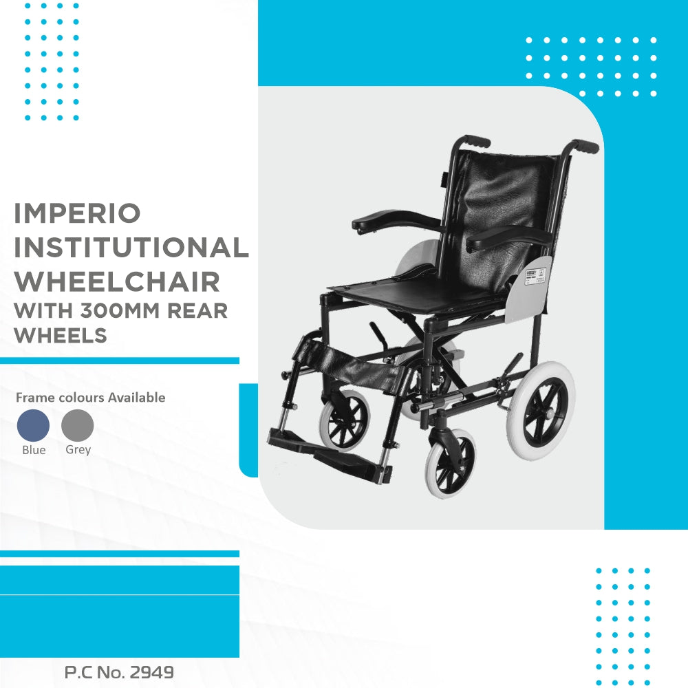 Imperio Wheelchair Institutional with 300mm Rear Wheels | Fixed Armrest | Foldable | Weight Bearing Capacity 100kg | Color (Blue/Grey) - Vissco Next