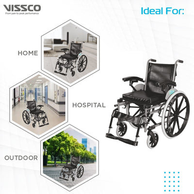 Imperio Wheelchair with Removable Big Wheels (Mag) | Foldable | Swingable Armrest | Weight Bearing Capacity 110kg | Color (Blue/Grey) - Vissco Next