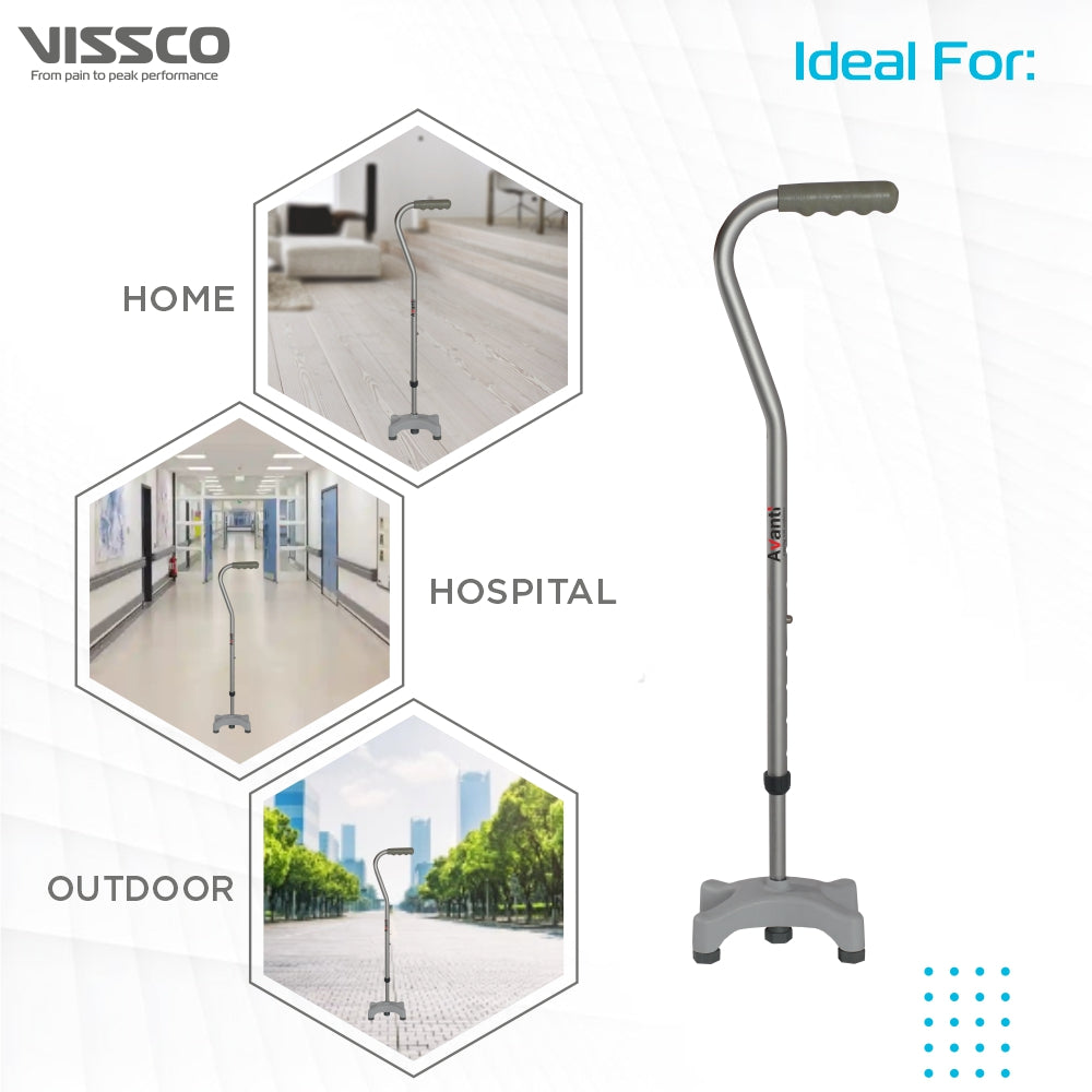 Avanti Sheperd Shape Quadripod Stick for Physically Challeged | Light Weight & Adjustable Height (Grey) - Vissco Next