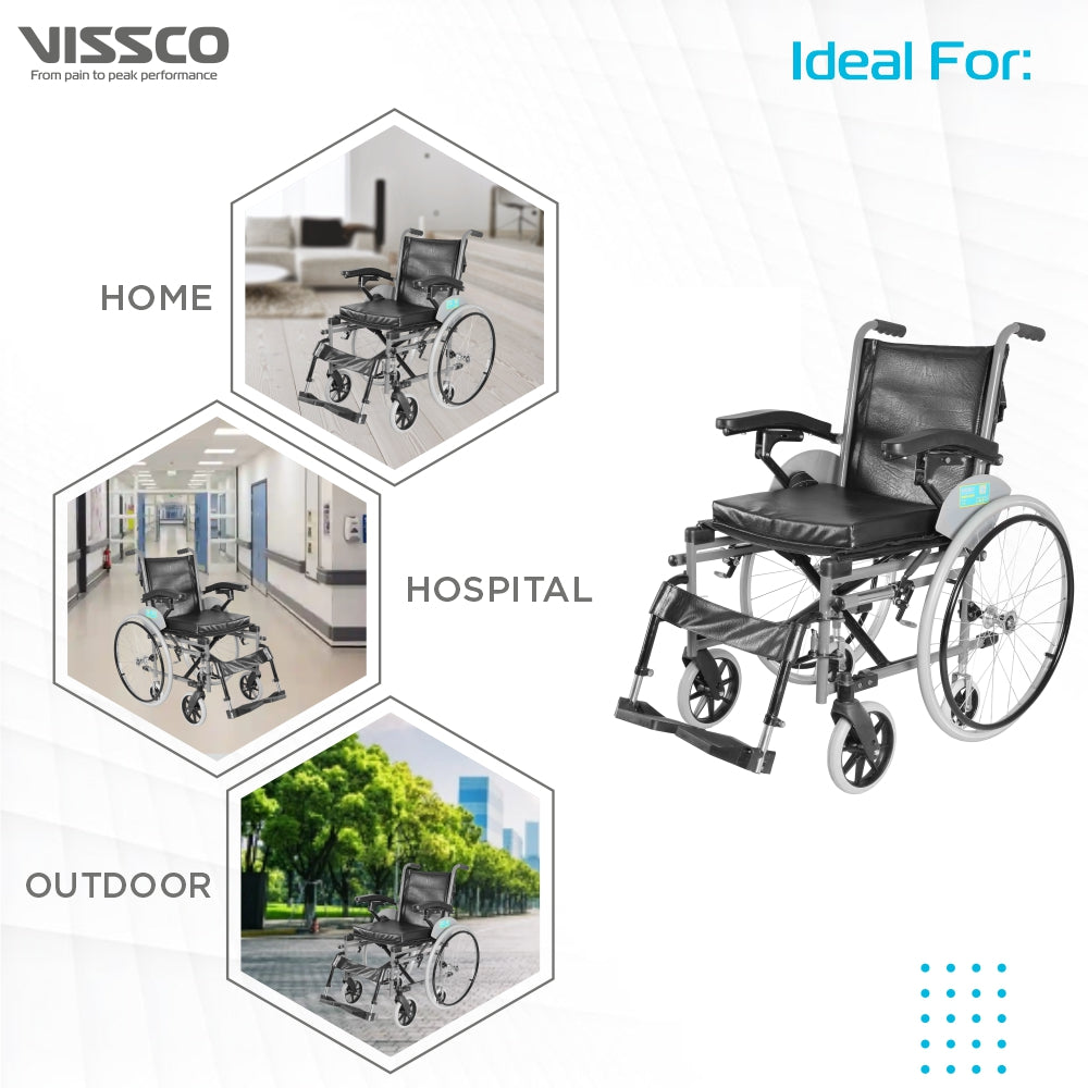 Imperio Wheelchair with Removable Big Wheels (Spoke) | Foldable | Swingable Armrest | Weight Bearing Capacity 110kg | Color (Blue/Grey) - Vissco Next