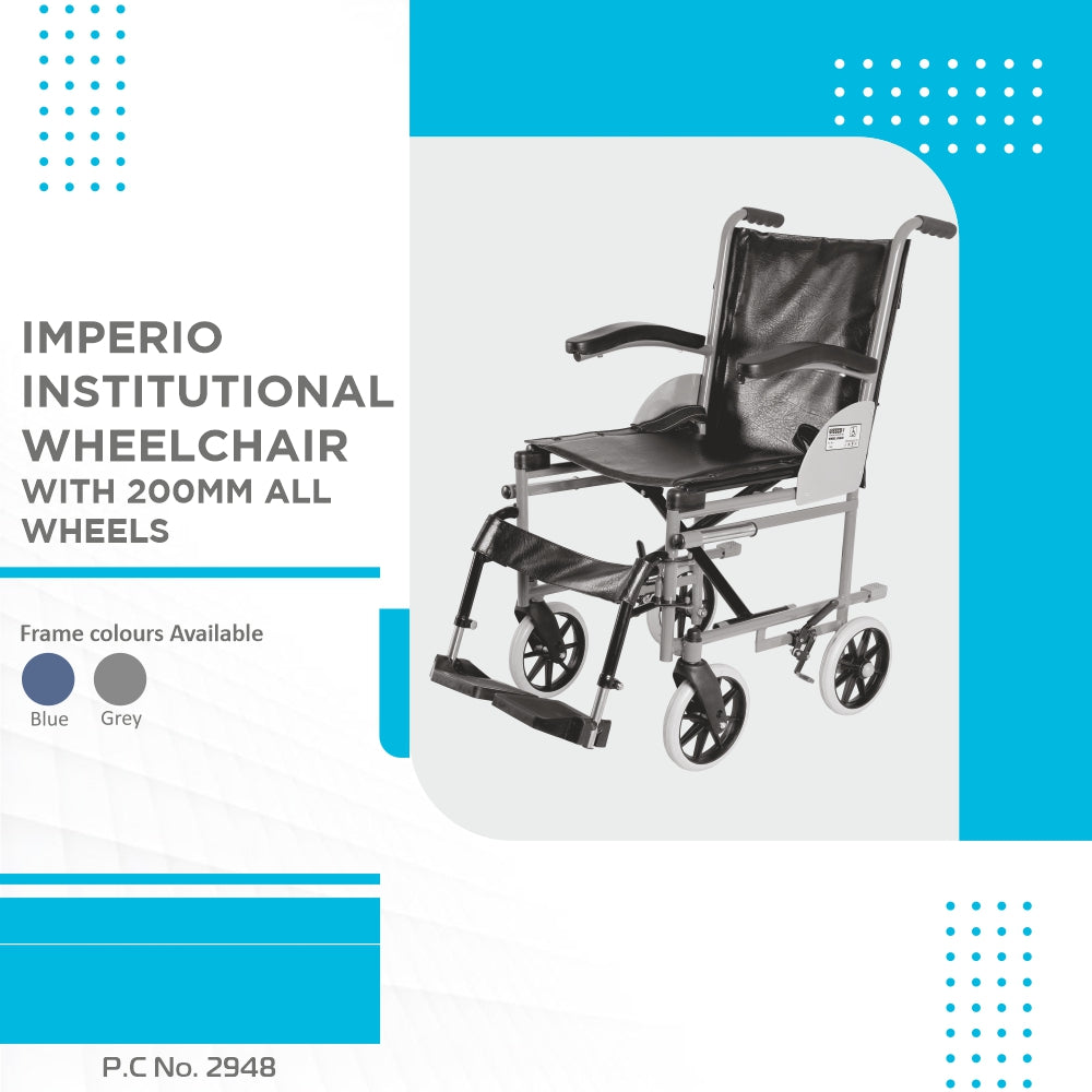 Imperio Wheelchair Institutional with 200mm Wheels | Fixed Armrest | Foldable | Weight Bearing Capacity 100kg | Color (Blue/Grey) - Vissco Next