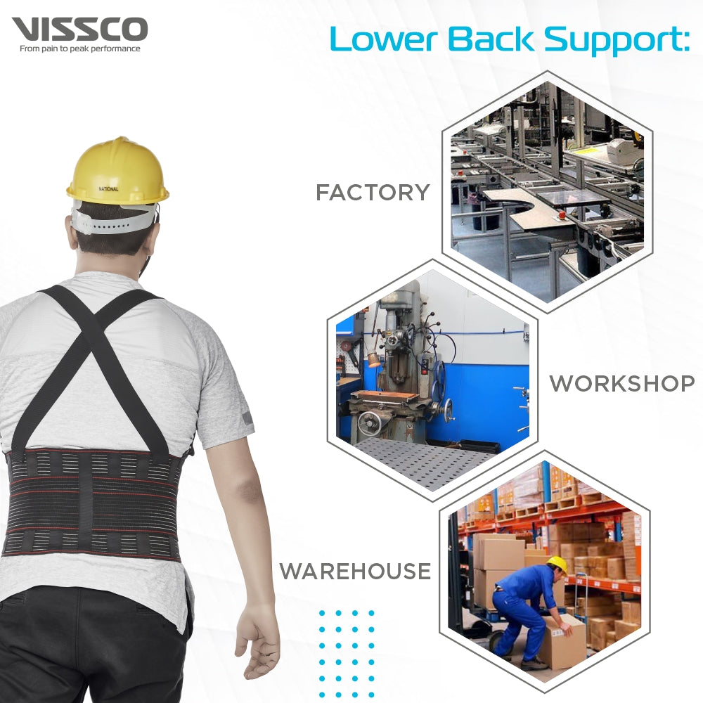 Vissco Back Support Industrial Belt For Back Injury Due To Heavy Weight Lifting, Lumbar Strain / Sprain, Back Pain Relief - (Black) - Vissco Rehabilitation 