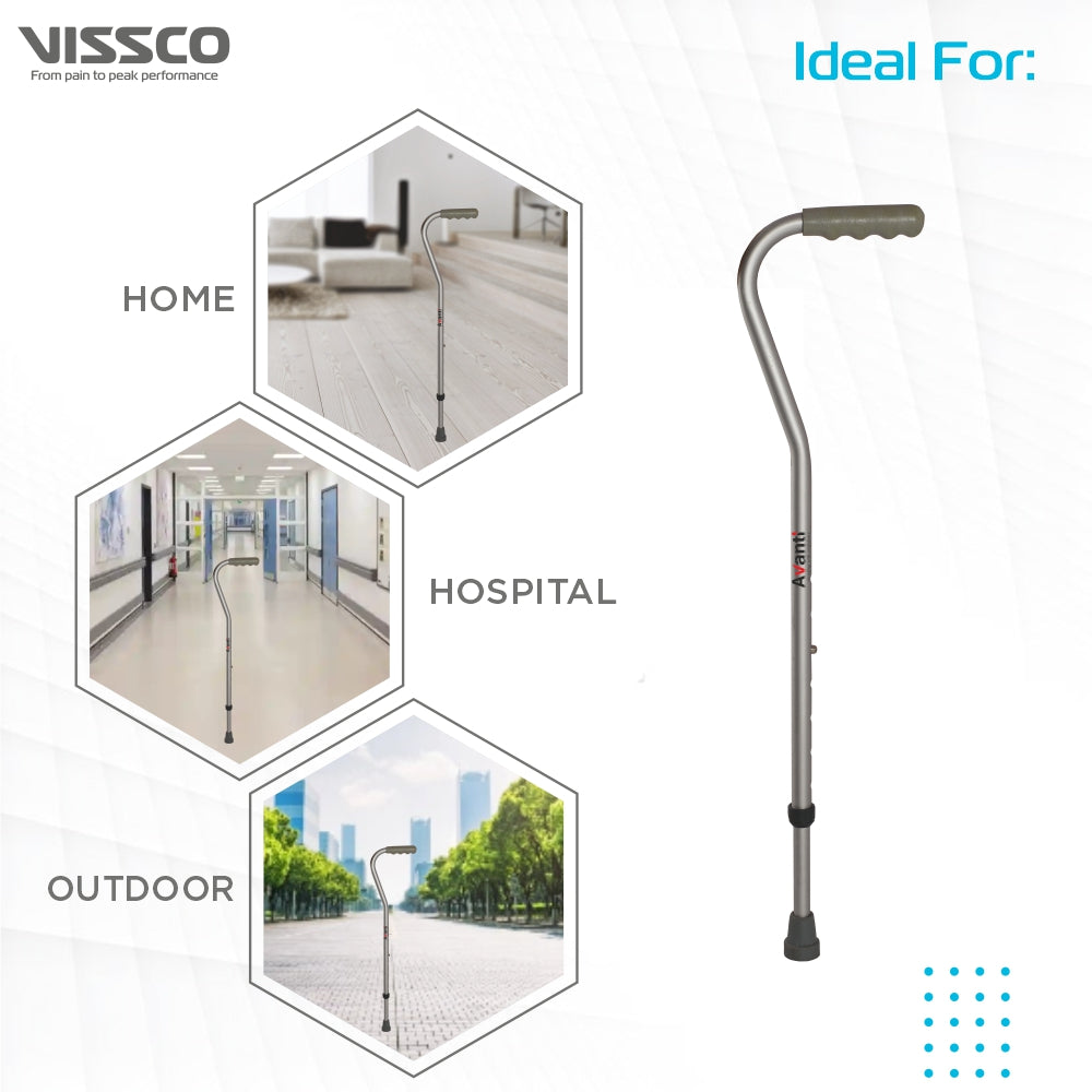 Avanti Sheperd Shape Single Stick for Physically Challeged | Light Weight & Adjustable Height (Grey) - Vissco Next