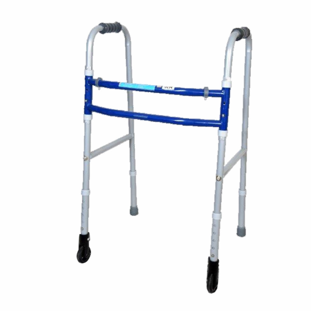 Medipedic Walker With Straight Castor (Single Bar) | Mild Steel | Foldable | Adjustable Height | Light Weight | High Grade Rubber Shoes & PVC Grip (Grey) - Vissco Next