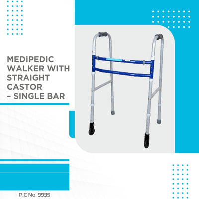 Medipedic Walker With Straight Castor (Single Bar) | Mild Steel | Foldable | Adjustable Height | Light Weight | High Grade Rubber Shoes & PVC Grip (Grey) - Vissco Next