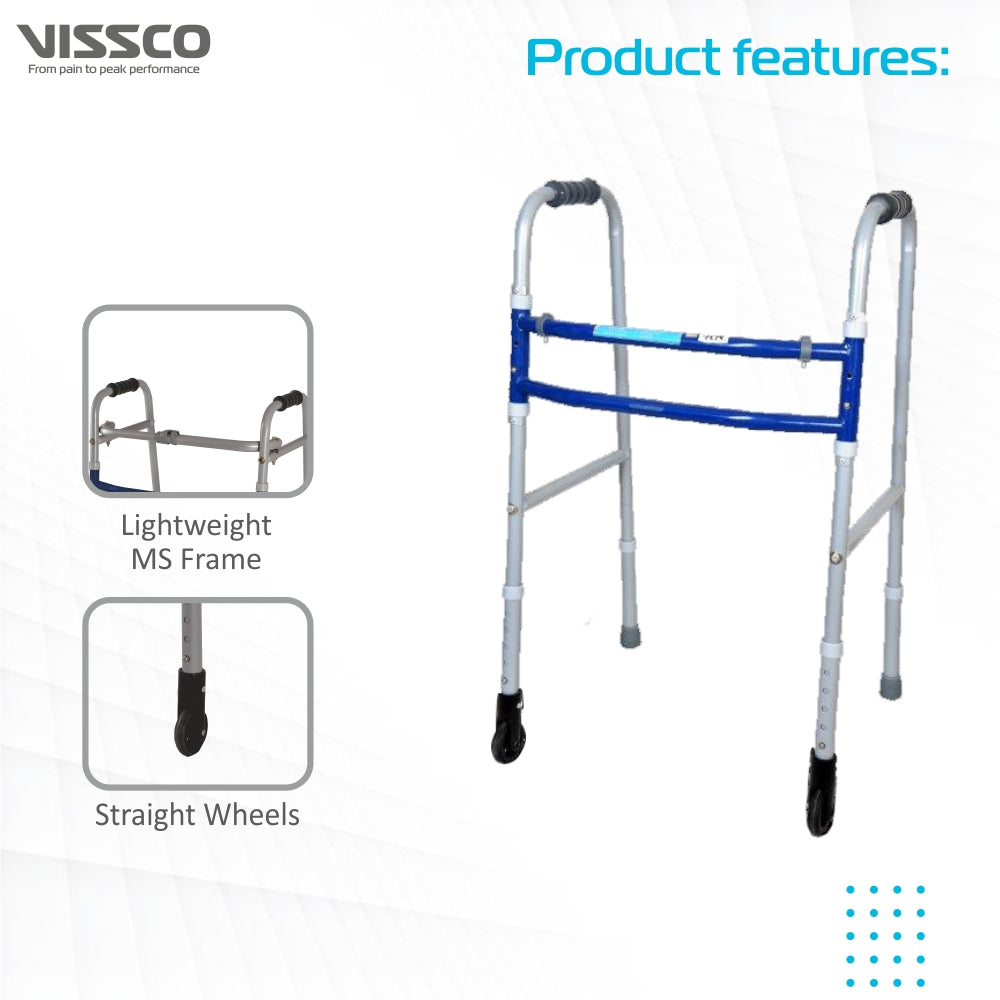 Medipedic Walker With Straight Castor (Single Bar) | Mild Steel | Foldable | Adjustable Height | Light Weight | High Grade Rubber Shoes & PVC Grip (Grey) - Vissco Next