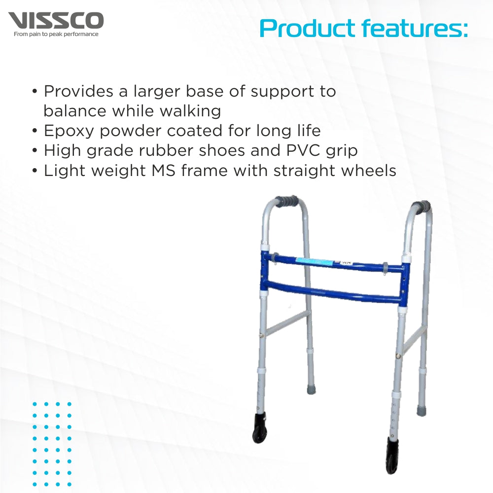 Medipedic Walker With Straight Castor (Single Bar) | Mild Steel | Foldable | Adjustable Height | Light Weight | High Grade Rubber Shoes & PVC Grip (Grey) - Vissco Next
