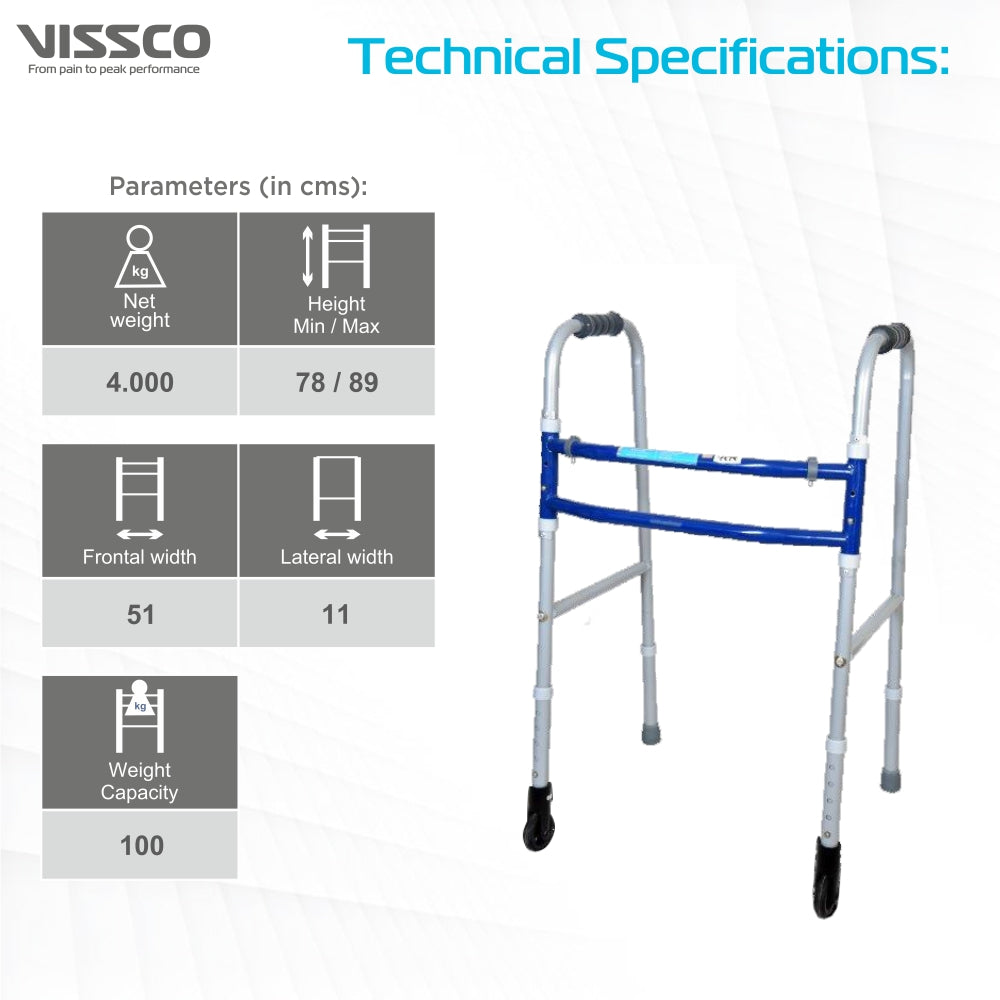 Medipedic Walker With Straight Castor (Single Bar) | Mild Steel | Foldable | Adjustable Height | Light Weight | High Grade Rubber Shoes & PVC Grip (Grey) - Vissco Next