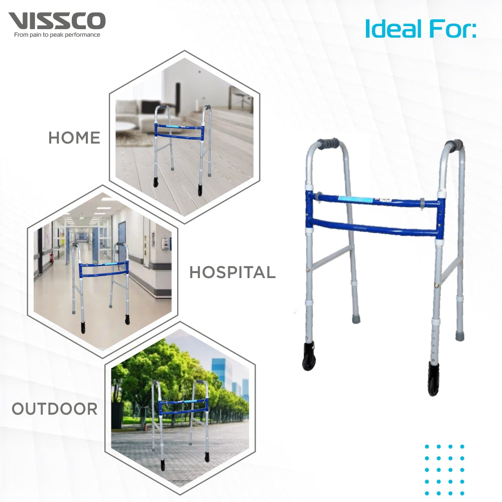 Medipedic Walker With Straight Castor (Single Bar) | Mild Steel | Foldable | Adjustable Height | Light Weight | High Grade Rubber Shoes & PVC Grip (Grey) - Vissco Next