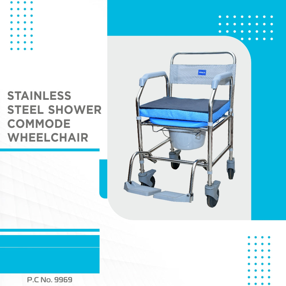 Comfort SS Shower Commode Wheelchair (Height Adjustable) | Removable Armrest | Lightweight | Weight Bearing Capacity 100kg (Grey)