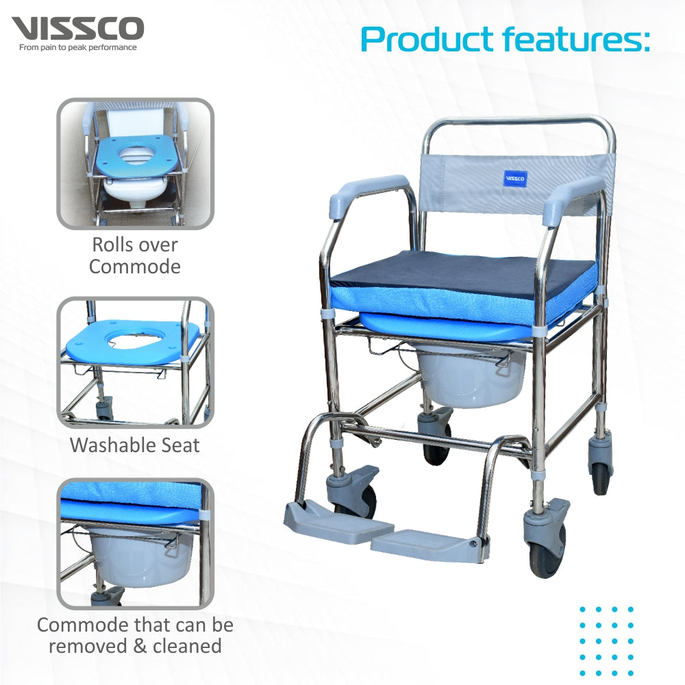 Vissco Comfort SS Shower & Commode Chair - with Wheels | Stainless Steel