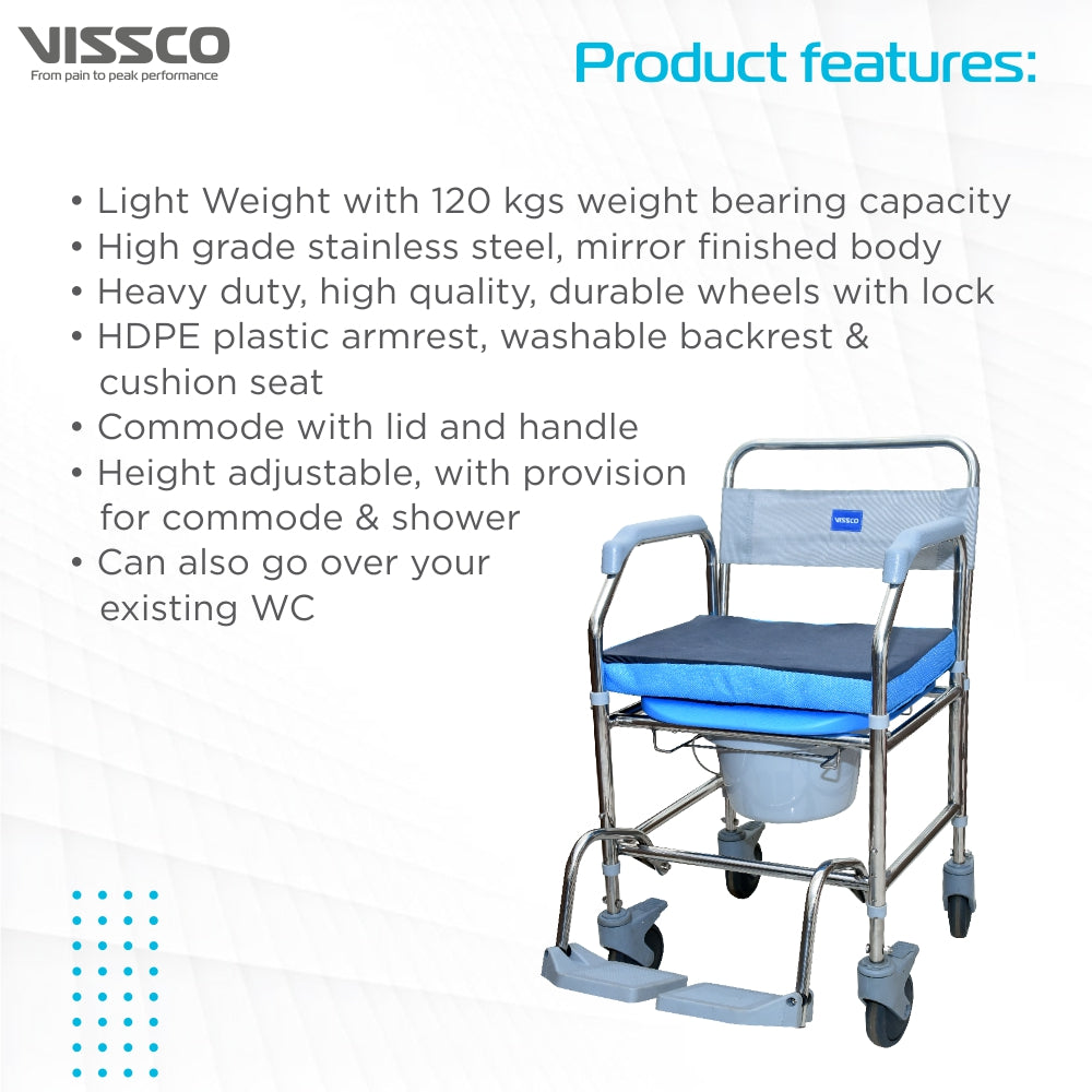 Vissco Comfort SS Shower & Commode Chair - with Wheels | Stainless Steel