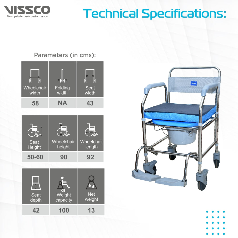 Vissco Comfort SS Shower & Commode Chair - with Wheels | Stainless Steel