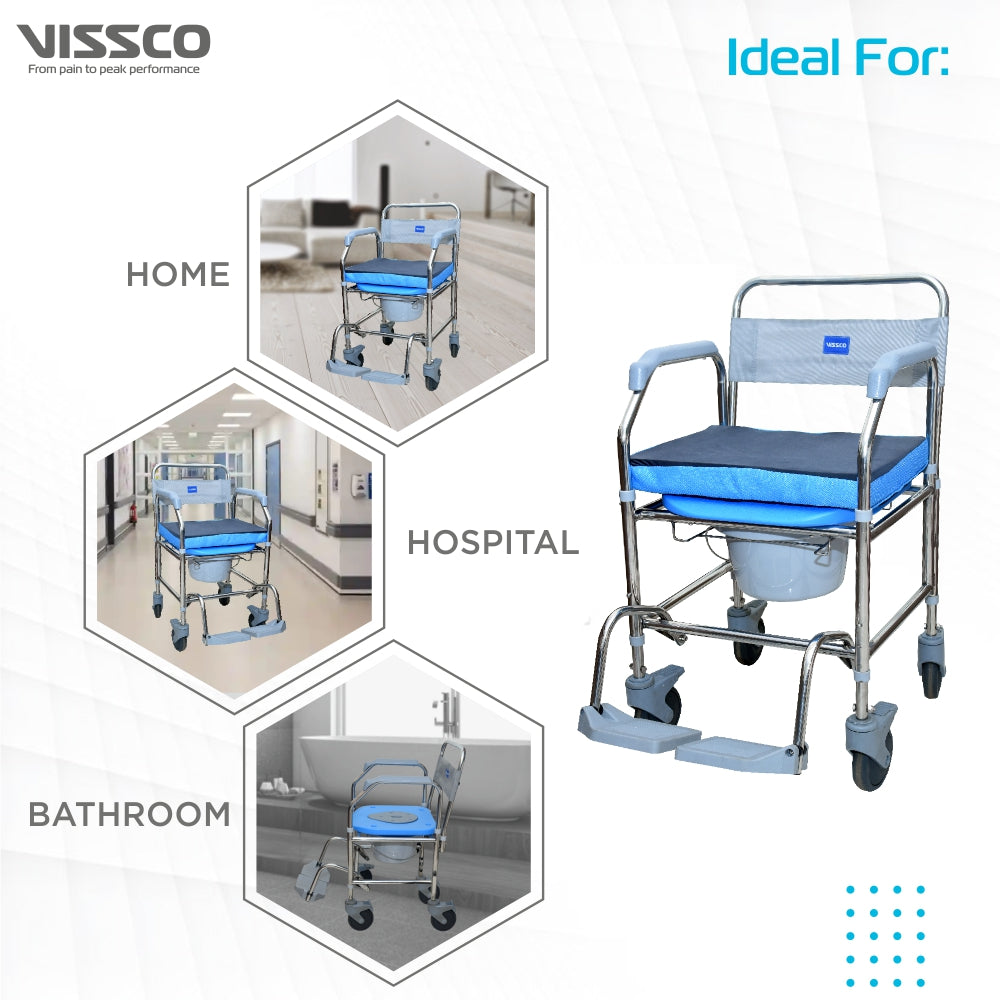Vissco Comfort SS Shower & Commode Chair - with Wheels | Stainless Steel