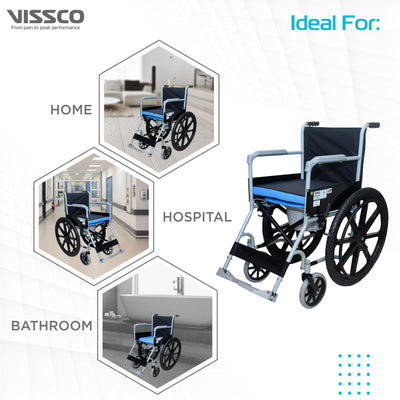 Rodeo Veer Comfort Wheelchair with Removable Commode | Foldable | Fixed Armrest | Weight Bearing Capacity 100kg