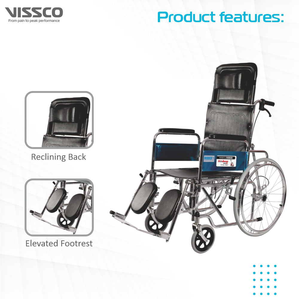 Rodeo Ext Reclining (Chrome Plated) Wheelchair with Spoke Wheel | Fixed Armrest | Weight Bearing Capacity 100kg | Color (Black)