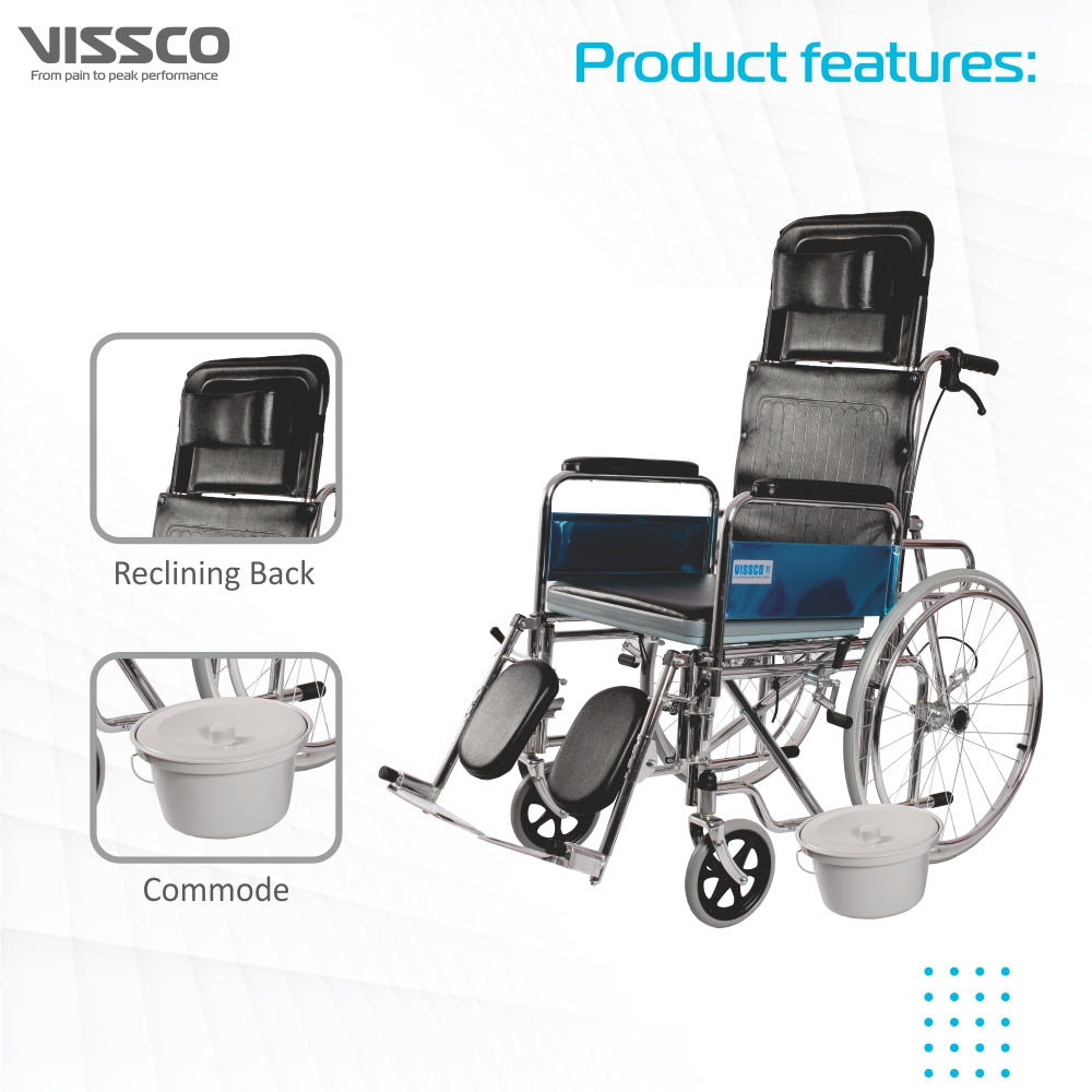 Rodeo Ext Reclining Commode Wheelchair with Spoke Wheel | Removable Armrest | Weight Bearing Capacity 100kg (Black)